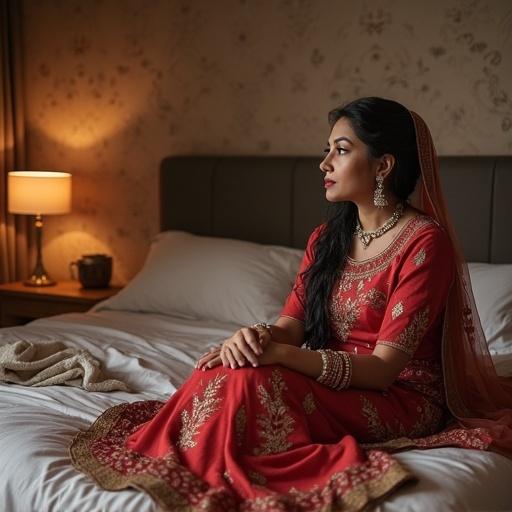 Woman in traditional Pakistani dress sitting on a bed in a luxury bedroom with soft lighting and elegant decor. She has a dopatta draped and appears contemplative. A husband is lying on the bed in the background.