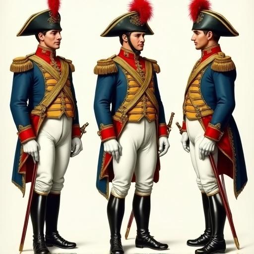Three hussar officers in detailed uniforms. Each officer has unique headgear and variations in attire. They wear blue dolmans with gold braid and red cuffs. Each hold a saber and displays unique accessories. Poses show profiles and three-quarter views.