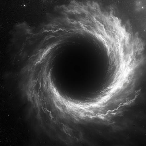Black and white depiction of a glowing spiral black hole set in the vastness of space. The image features swirling clouds of gas around a dark center. It represents a cosmic phenomenon in an artistic manner.