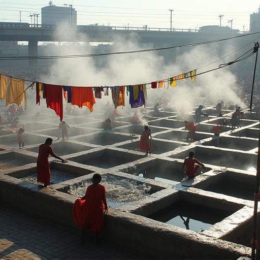 Dhobi Ghat laundry quarter at dawn with hundreds of concrete wash pens and workers beating clothes under blue skies. Colorful saris hang on makeshift lines casting geometric shadows. Steam rises from boiling starch vats and a distant train rumbles over a bridge. Chaotic composition with vibrant colors and natural haze.