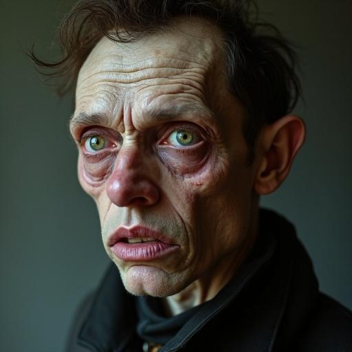 A realistic portrait of a strangely styled individual. Features are deformed and exaggerated. The image presents uneven and asymmetrical facial characteristics. It embodies a fantasy aesthetic. The textures are ultra-detailed and captured cinematically with a 70mm lens, showcasing harsh shadows and grain.