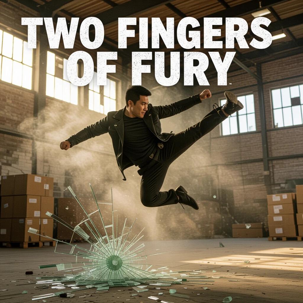 Mid-air kick captured in a warehouse. Gritty stencil title at the top. Shattered glass explodes from the impact. Strong lighting creates dramatic mood. Simu Liu shows powerful action.