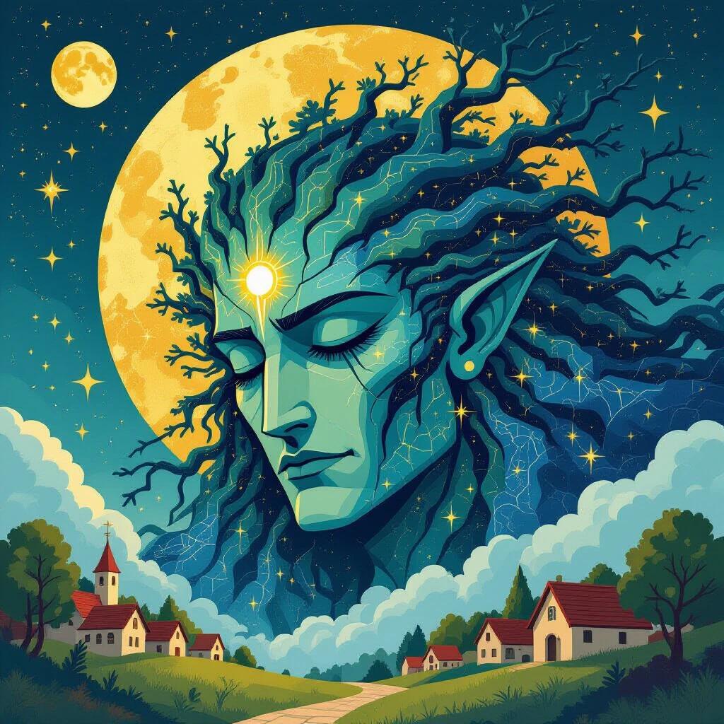 A godlike cosmic beast made of constellations trees and fractured earth overlooks a sleeping village. The being's face is stern and divine with a glowing tear watering the land. The style reflects Eastern European myth art features flat graphic style and vivid celestial symbolism emphasizing soft surrealism.