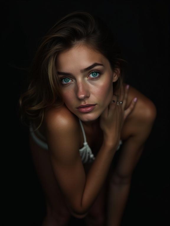 Portrait of a woman with captivating turquoise blue eyes. She leans towards the camera. Chiaroscuro lighting creates a dramatic effect against a dark background.