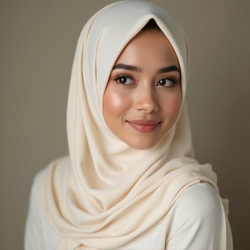 High-detail portrait of a young beautiful Indonesian woman in an elegant cream hijab with natural makeup