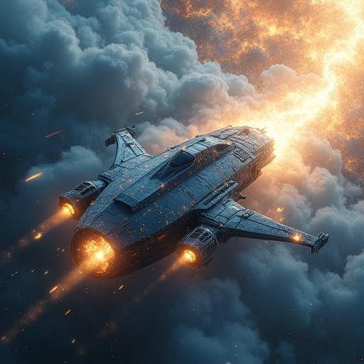 Artwork presents futuristic spacecraft with streamlined design and metallic finish navigating through enchanting nebula. Color scheme deep blues with golden and silver accents illuminating vessel. Wispy clouds suggest motion and depth. Soft light diffuses through vapor enhancing three-dimensional effect.