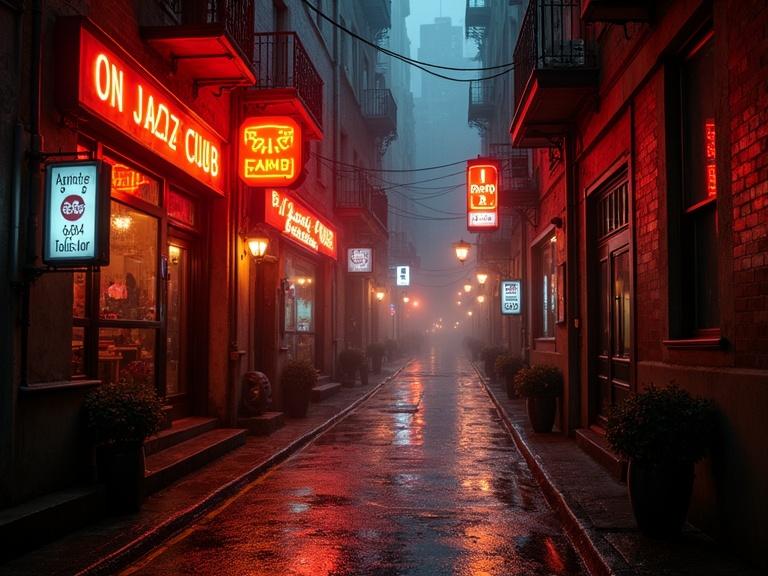Neon-lit jazz club situated in a rainy alley with a cyberpunk theme. Warm amber light reflects on the wet cobblestones. The scene embodies a film noir aesthetic.