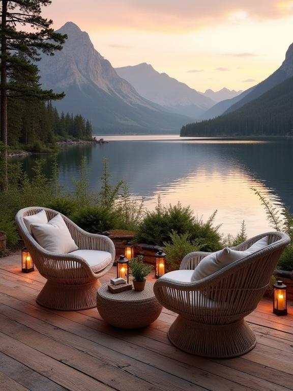 Serene lakeside view with rustic outdoor seating. Cozy wicker lounge chairs positioned by a calm lake reflecting a soft sunset glow. Surrounded by mountains and forests, this location promotes relaxation and intimacy.