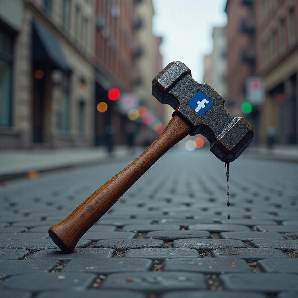 A hammer lies on a city street. The hammer has the Facebook logo. The hammer symbolizes the weight of hateful comments. The surroundings are urban and moody.