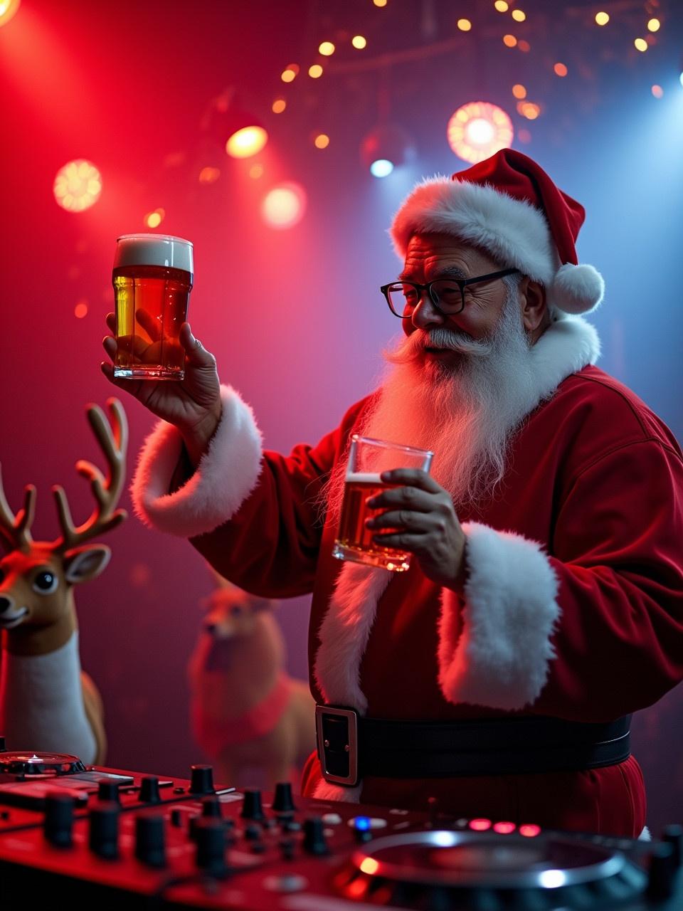 Santa Claus enjoying a disco party with festive decorations and reindeer nearby Santa holds two beers in a lively environment filled with colorful lights and DJ equipment