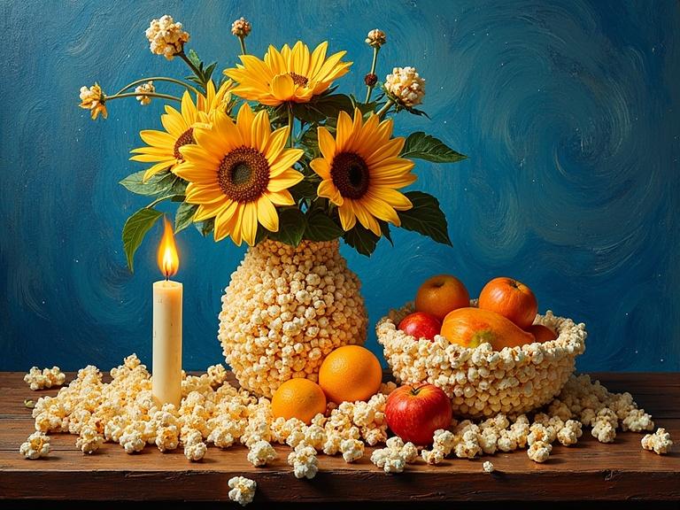 Vibrant still life arrangement on a rustic wooden table. Objects made of popcorn. Popcorn vase with popcorn sunflowers. Popcorn bowl filled with popcorn fruit. Flickering popcorn candle. Swirling textured wall painted in bold strokes. Thick impasto-like brushstrokes on popcorn textures. Candlelight casting dynamic shadows.