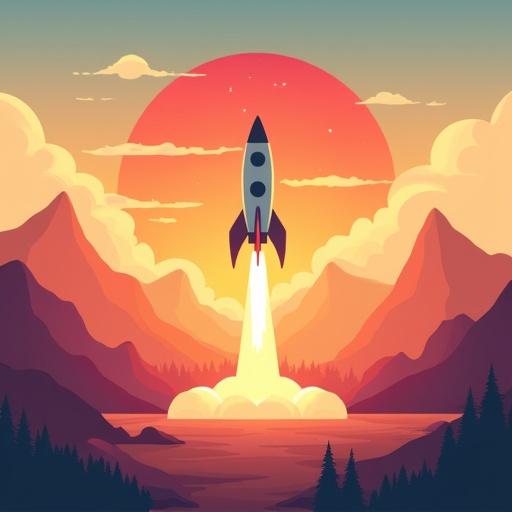 Illustration of a rocket launching at sunrise with mountains in the background. Flat colors in Adobe Illustrator style. Text above the rocket states 'Summer is a season just like any other season but hotter'.