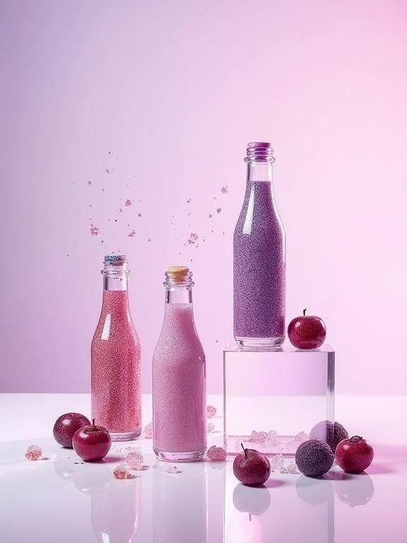 Elegant product photography featuring three glittery beverages in distinctive cylindrical bottles. Bottles placed on various heights of transparent pedestals. Soft lavender gradient background. Surrounding small fruits and polished glass pieces are arranged artistically. Bright uniform lighting emphasizes the glass transparency and sparkling appearance.