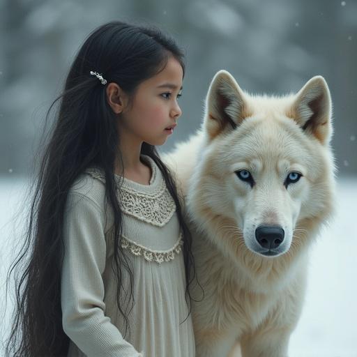 A young girl with long black hair stands next to a white wolf in a snowy landscape. The setting is tranquil and magical, evoking a sense of harmony with nature. The girl wears a light-colored sweater with delicate detailing, looking thoughtfully at the wolf. The wolf gazes calmly, its striking blue eyes engaging the viewer.