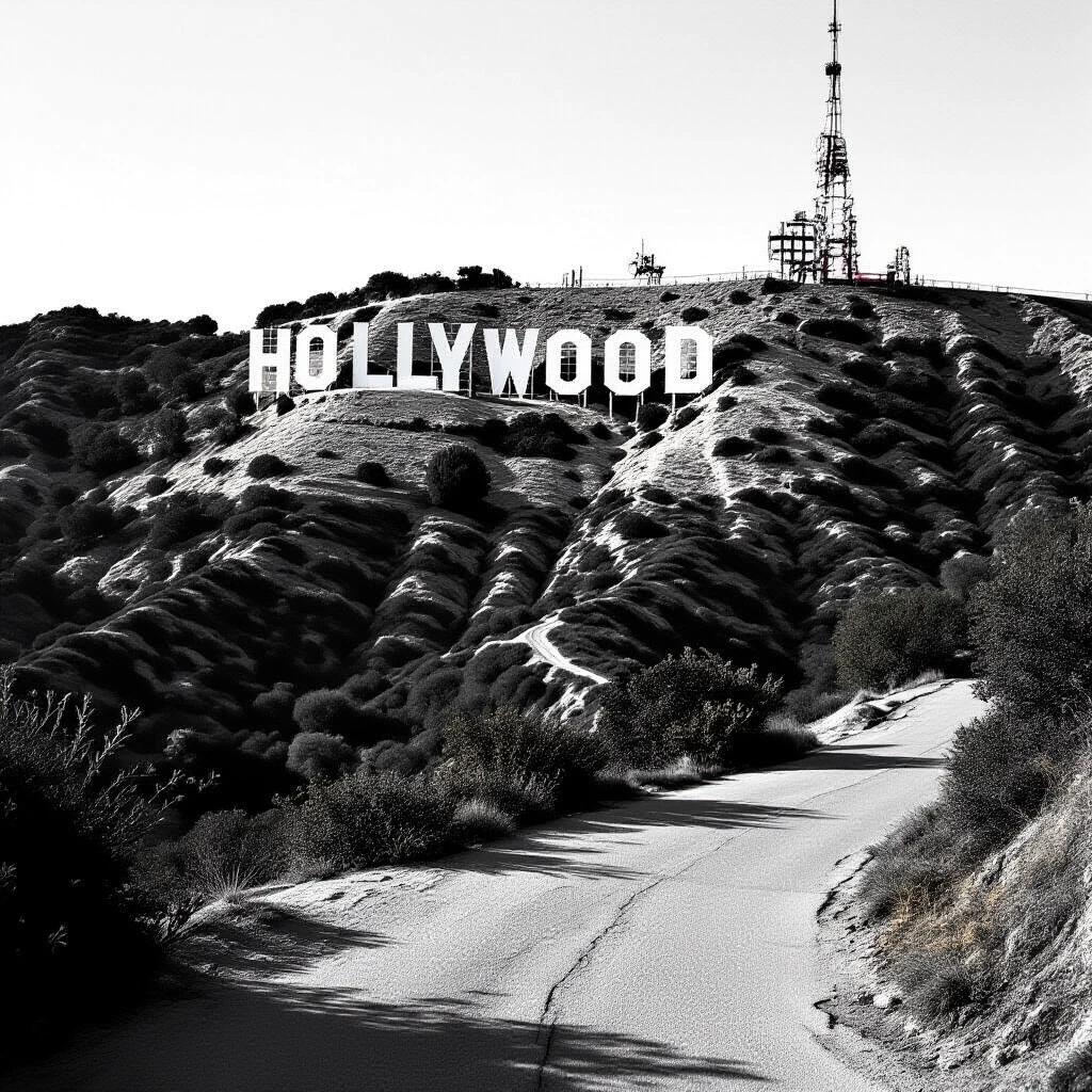 Black and white photograph of the Hollywood sign taken from behind. Close up perspective captures the iconic landmark from a unique angle. High contrast effect emphasizes the mountainous terrain. Film grain texture adds a vintage vibe. Overexposed highlights create a dramatic atmosphere.