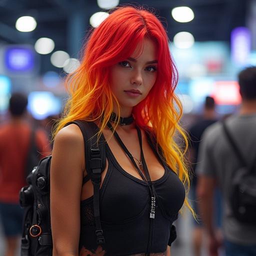 Girl with vibrant red and yellow hair stands confidently at a video game convention. Background is filled with blurred attendees. The subject shows a confident expression and unique hairstyle.