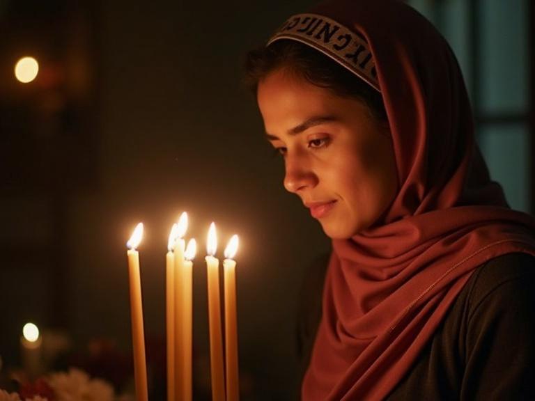 A woman in a headscarf lights Shabbat candles. The scene has a warm ambiance with soft lighting from the candles. The woman's expression conveys contemplation and reverence.