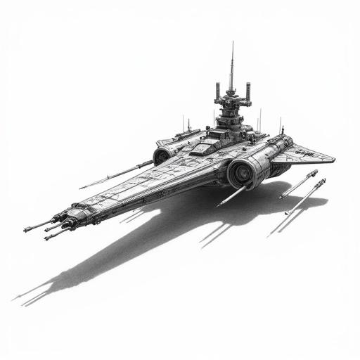 Hyper-detailed pencil illustration of a heavily armed sci-fi gunship. Dynamic three-quarter perspective with a long sleek fuselage. Forward cockpit with massive engine nacelles. Multiple forward-firing cannons, visible weapon emplacements. Intricate surface paneling and antenna arrays. Small projectile trails indicating weapons firing. Meticulous graphite shading with gradients. Set against clean white background.