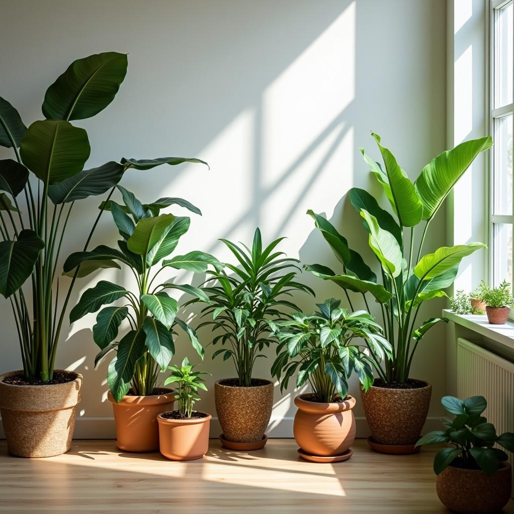 Indoor plants arranged in pots by a window. Bright natural light highlights their leaves. Various plant types create an inviting atmosphere.