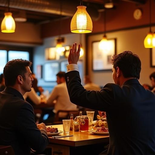 Man raising hand in a Japanese izakaya to call a waiter. Warm ambiance with soft lighting and dining patrons in the background. Focus on social dining experience and interaction.