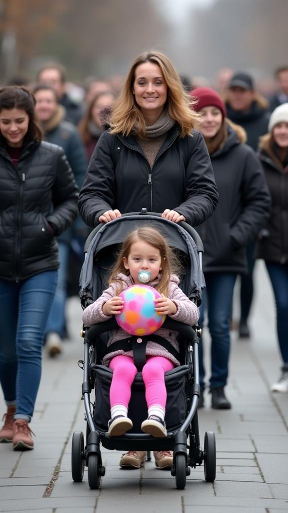 Mother walks with daughter in stroller among crowd. Family outing scene. Mother casually dressed, daughter in pink leggings. Crowd is lively. Child has pacifier and holds colorful rattle. Mother dedicated while pushing stroller.