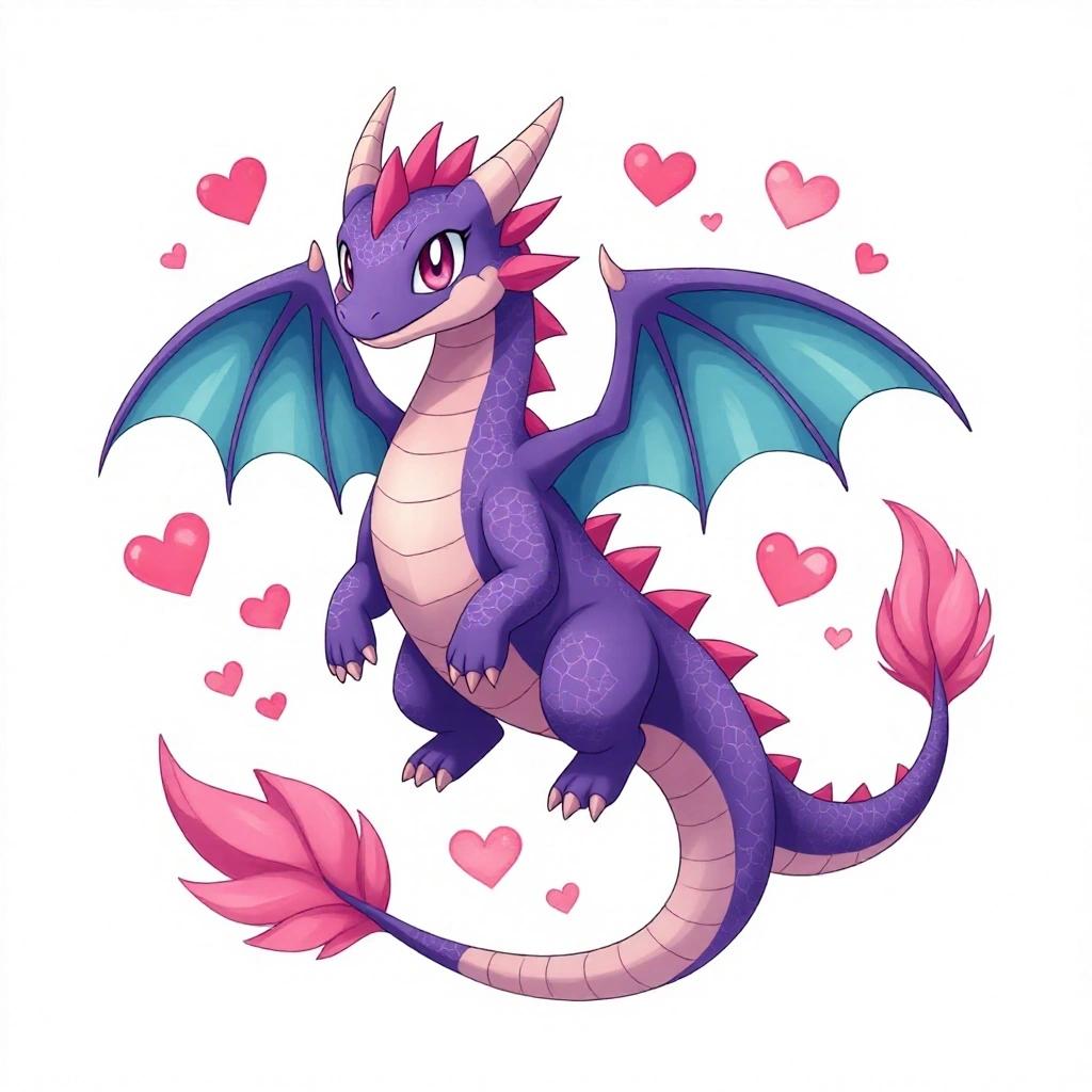 Generate an image of a purple dragon with pink hearts and cyan wings in Pokémon style.