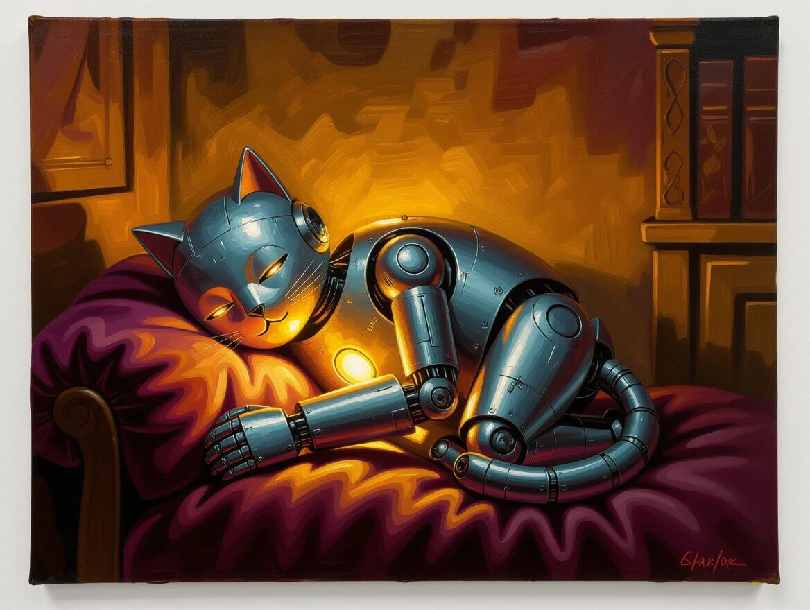 Art depicts a cat-shaped robot sleeping on a velvet cushion. Robot has a metallic body. It glows softly from its chest. The room is dimly lit. Thick strokes of paint create a physical texture. Rich colors enhance the peaceful scene. The atmosphere is tranquil and tender.