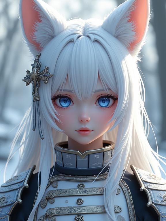 A girl with wolf ears. White hair and deep indigo eyes. Wears beautifully decorated white samurai armor. Focus on her wolf ears. Digital artwork.