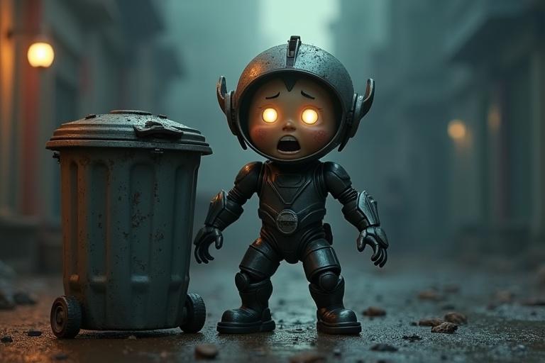 A dramatic 4K ultra-HD 3D animated scene in a 16:9 ratio. Show Zumo with a futuristic metallic outfit and glowing eyes beside a dustbin in a moody urban environment. Zumo appears dirty and trembling.