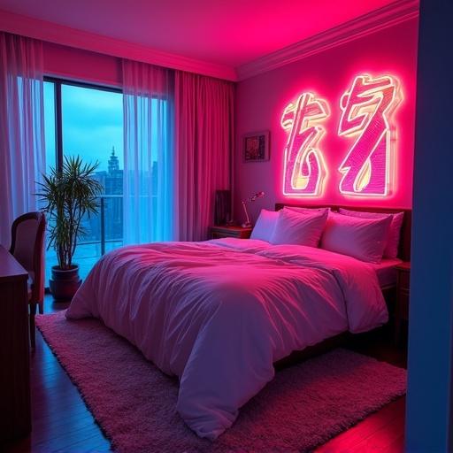 Futuristic neon bespoke bedroom designed for an album cover. Features neon sign saying 'Late At Night'. Room has a bed with white bedding, large window with a city view, and a plant in the corner.