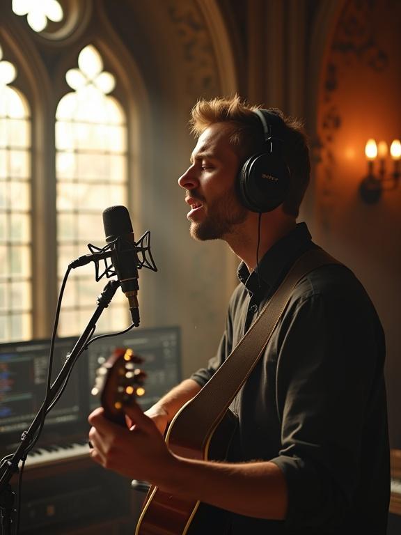 A close-up of a male musician recording in a classic castle turned high-end music studio. Emotionally singing into a vintage microphone while playing guitar. Wearing large studio headphones. Minimalist dark shirt. Natural light from stained-glass windows. Elegant historical architecture with high-end studio equipment. Dust motes in sunbeams create a cozy atmosphere.