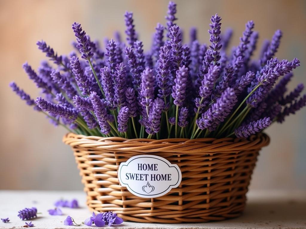 The image features a beautiful basket overflowing with vibrant lavender flowers. The lavender is a rich purple, standing out against the natural wicker of the basket. The backdrop has a soft, textured look with warm tones that complement the flowers. There is a sticker affixed to the front of the basket that reads "HOME SWEET HOME" in elegant font. The overall mood of the image is cozy and inviting, evoking feelings of serenity and the charm of Provence.