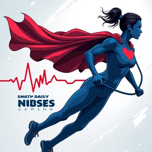 Dynamic t-shirt design for nurses. Stethoscope morphs into a flowing red superhero cape. Heart-shaped heartbeat line in white. Text states 'Nurse: Saving Lives Daily'. Bold navy blue sans-serif font. Centered on transparent background. Clean vector-art style with subtle shading. High-resolution for royal blue Bella Canvas t-shirt printing.