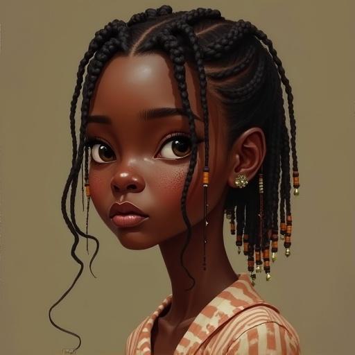 Slim African woman with short Fulani braids decorated with beads. Brown eyes. Round-oval face. Small eyes, moderately shaped nose, slightly plump lips. Serious expression. Wearing pajamas. Realistic style. Thin eyebrows. Pimples on face.