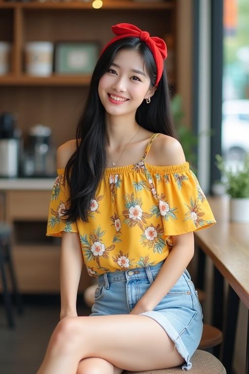 Young woman in mango yellow floral top and sky blue shorts sitting in a cafe. Straight black hair with red hairband. Smiling naturally. Morning view with a bright atmosphere.
