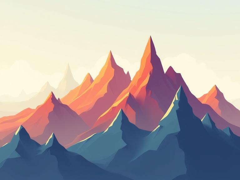 Stylized 2D mountains with sharp peaks. Colors are flat and bold. Clean thick outlines with geometric shapes. No texture or shading. Cartoon-like design. Minimalistic background. Bright high contrast colors. Suitable for video game backgrounds.