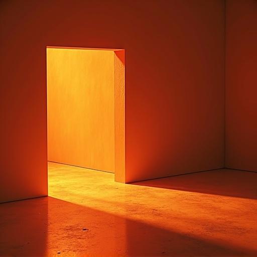 Image of a room with an orange wall and an illuminated doorway. The doorway casts light to the floor creating shadows. Simple and minimalist design. Warm hues with a focus on the open space.