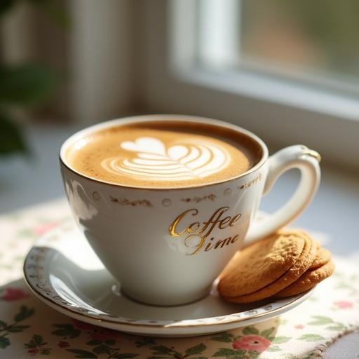 Photograph of a white ceramic coffee cup with gold accents and latte art of a rose. Cup on floral-patterned coaster with almond biscuits beside it. Light from window creates warm ambiance.