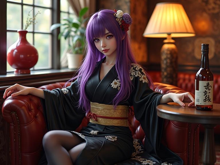 A semi-anime beautiful lady in a luxurious retro lounge. She sits gracefully on an elegant vintage leather sofa. Striking violet hair and piercing violet eyes enhance her captivating presence. Wearing a traditional shiny black kimono with white floral patterns with a stylish gold obi belt. Long flowing hair has delicate hair accessories. Relaxed refine posture, legs crossed, one arm resting on sofa, the other touching a table with a bottle of alcohol. Serene view of trees outside a window. Cozy inviting atmosphere blending traditional elegance with retro design.