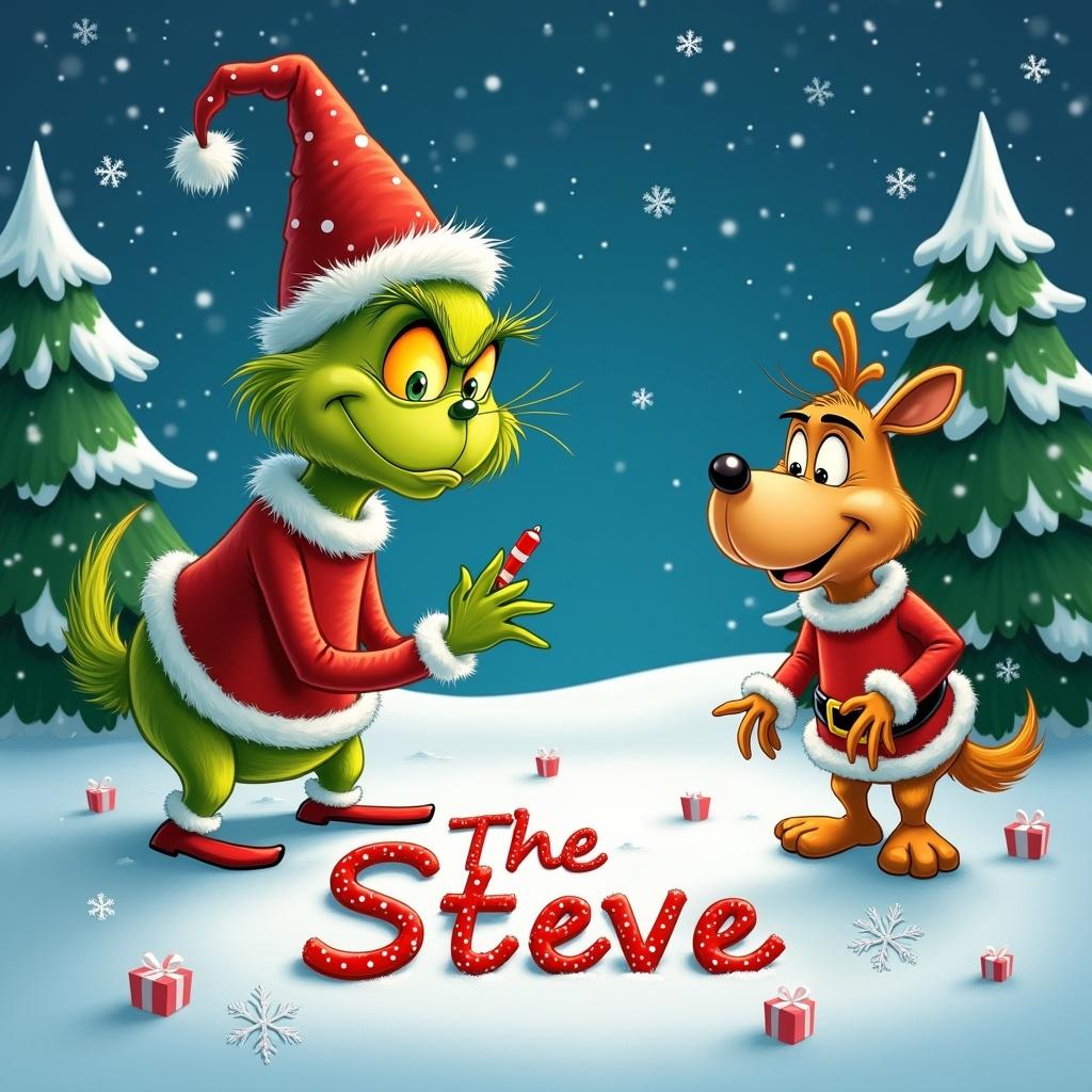 Grinch character writes names Candy and Steve in snow. Festive background with Christmas trees and snowflakes.