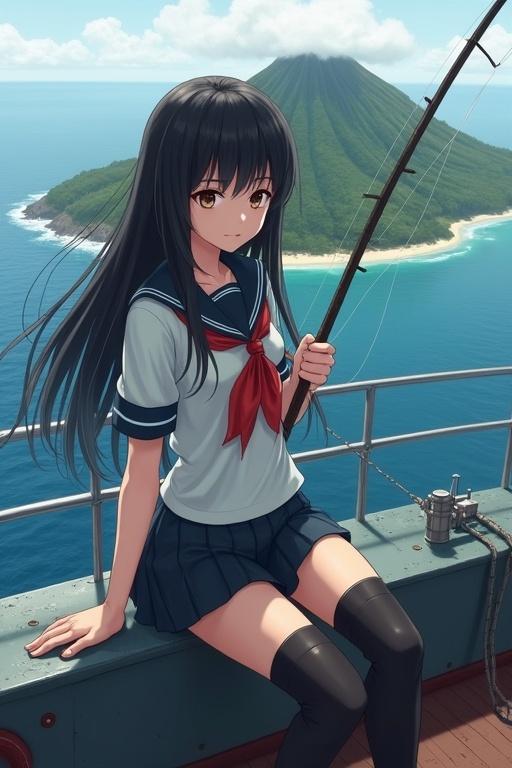 Attractive young woman with long black hair seated on a WWII battleship deck. She wears a sailor uniform and holds a fishing rod. In the background, a volcanic island and beautiful beach are visible.