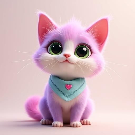 Fluffy anthropomorphic kitten with pastel pink and lavender fur. Creamy white belly. Large expressive green eyes. Oversized Pixar-style head with soft rounded features. Tiny paws and perky ears. Light blue bandana with stitched pink heart.