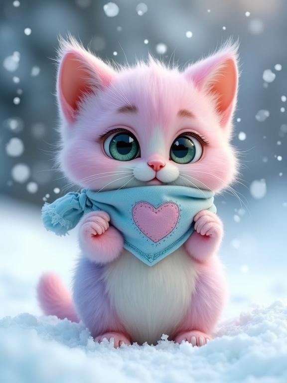 A fluffy, anthropomorphic kitten appears. Fur has pastel pink and lavender colors. Creamy white belly shows. Large green eyes shine. Kitten wears a light blue bandana with a stitched pink heart. Snowfall surrounds it. Paws outstretched. Body is low against the wind.