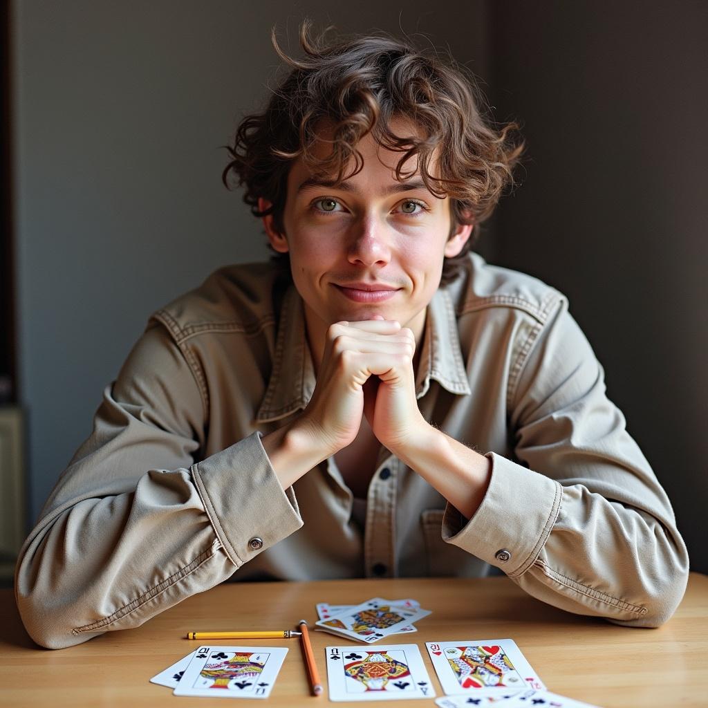 A person sits thoughtfully at a table. Playing cards are spread out. A pencil is placed on the table. The person looks engaged and deep in thought.