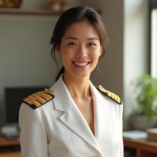 Female military instructor in a white general's uniform. Gold epaulets are visible. Instructor has a warm smile and a calm expression. Sunlit military office background. Photorealistic style, soft lighting.