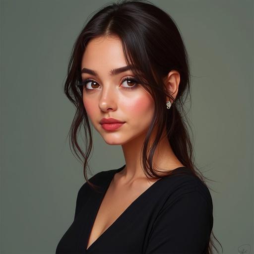 Portrait of a young woman with dark hair and soft features. She has a confident expression. The composition is elegant with muted background colors.