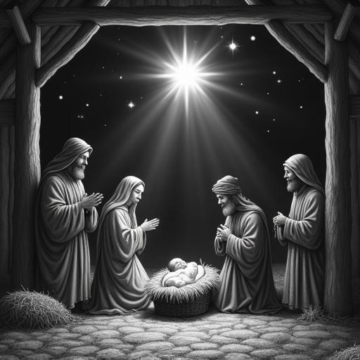 Realistic grayscale image of nativity scene in landscape orientation. Mary and Joseph with baby Jesus in a manger. Shepherds and wise men approaching. Set in a barn with a shining star in the sky above.