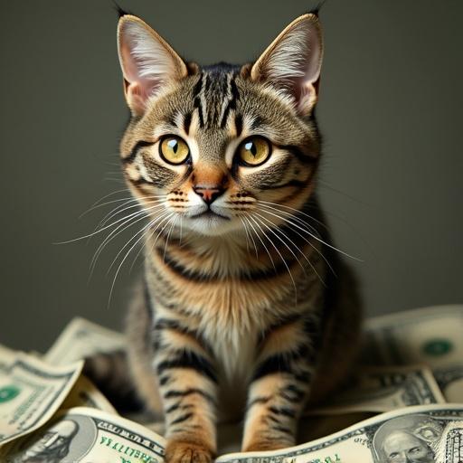 Close-up of a cat surrounded by money. The cat has a detailed fur pattern and expressive eyes. The background includes bills, enhancing the theme of wealth. The lighting is warm and soft.