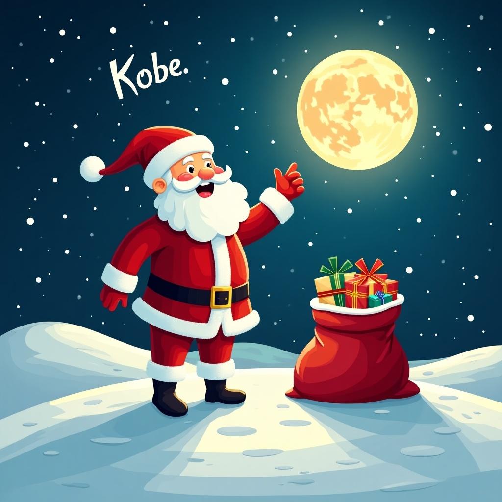 Cheerful Santa Claus standing on a snowy hilltop. He wears a classic red suit. He points at a bright moon in the night sky. The moon glows warmly. A starry sky adds to the festive atmosphere. A sack of gifts sits by his side. Shadows are cast on the snowy ground. The word 'Kobe.' is scribbled in the sky.