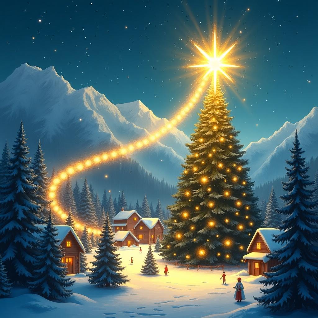 Golden star with a bright trail crossing a snowy mountain of fir trees zigzagging, arriving at a Christmas town illuminating a huge tree in the town square and exploding at the top of the tree. Add Merry Christmas from contentpass.